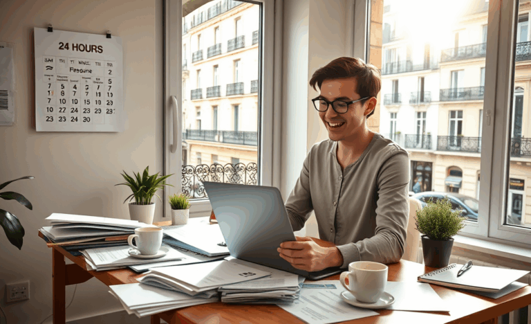 Une personne heureuse recevant un virement instantané grâce à un prêt simplifié