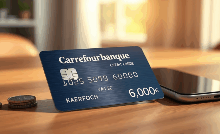 Illustration de la Carte de Crédit Carrefour Banque avec des options de crédit de 1 500 € à 6 000 €.