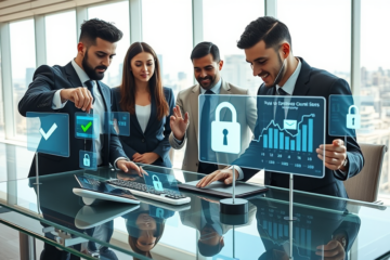 Professionnels en bureau moderne utilisant des outils de transaction sécurisés avec approbations rapides et conversion de devises