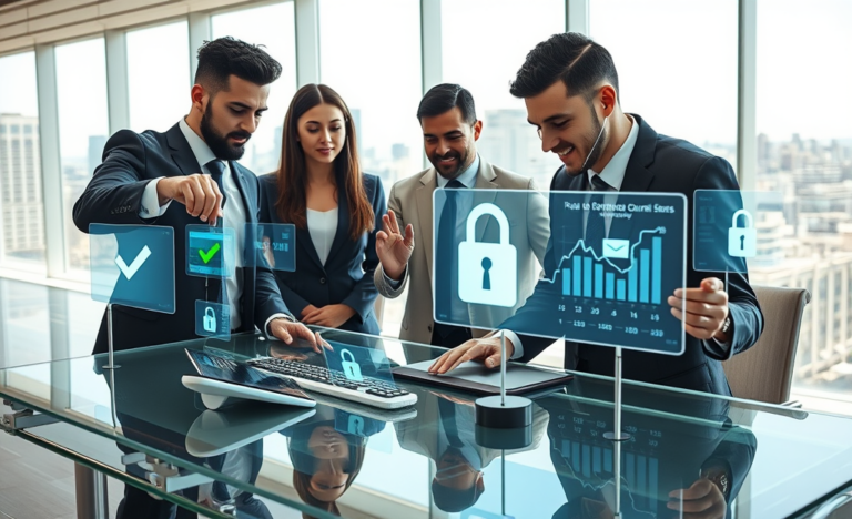 Professionnels en bureau moderne utilisant des outils de transaction sécurisés avec approbations rapides et conversion de devises