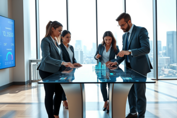 Professionnels utilisant une plateforme d’automatisation des paiements dans un bureau moderne avec interface digitale et transactions rapides