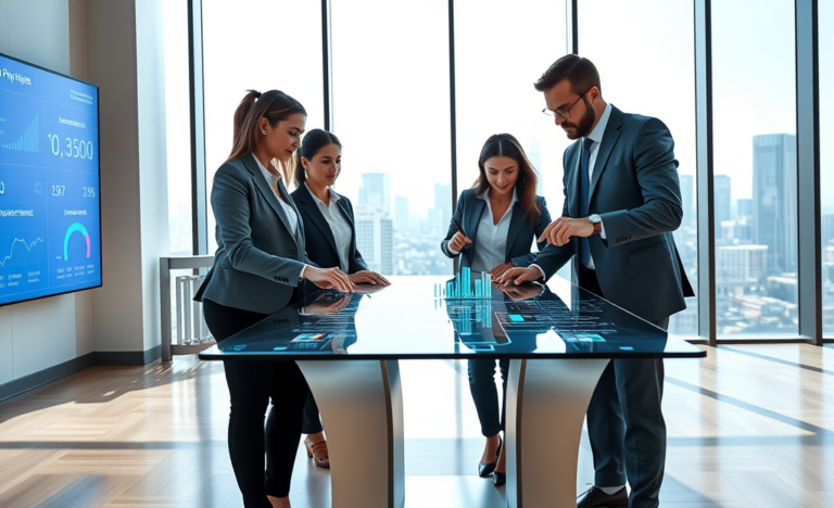 Professionnels utilisant une plateforme d’automatisation des paiements dans un bureau moderne avec interface digitale et transactions rapides