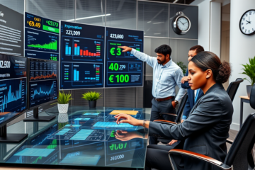 Équipe financière professionnelle dans un bureau moderne effectuant des approbations de paiements rapides et conversions de devises avec interfaces numériques