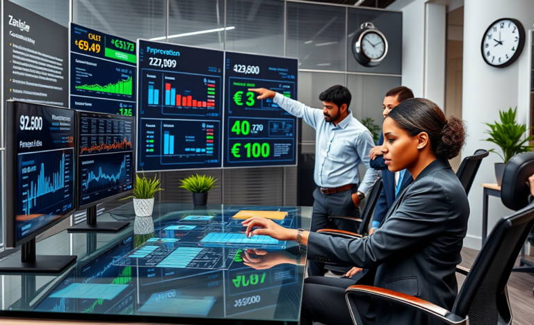 Équipe financière professionnelle dans un bureau moderne effectuant des approbations de paiements rapides et conversions de devises avec interfaces numériques