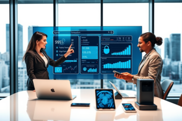 Professionnels utilisant des outils de transaction sécurisés pour approbation rapide dans un bureau moderne et lumineux favorisant plus de conversions