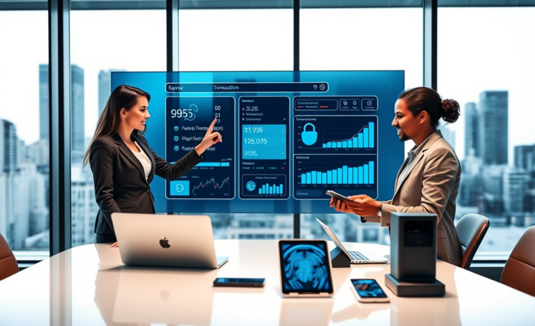 Professionnels utilisant des outils de transaction sécurisés pour approbation rapide dans un bureau moderne et lumineux favorisant plus de conversions