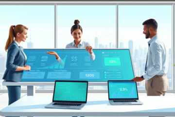 Professionnels collaborant autour d’un bureau tactile numérique illustrant des solutions de flux de travail pour paiements rapides en éducation financière