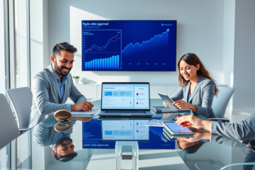 Professionnels collaborant dans un bureau moderne avec des appareils numériques illustrant les services d’approbation en ligne rapide pour paiements plus rapides