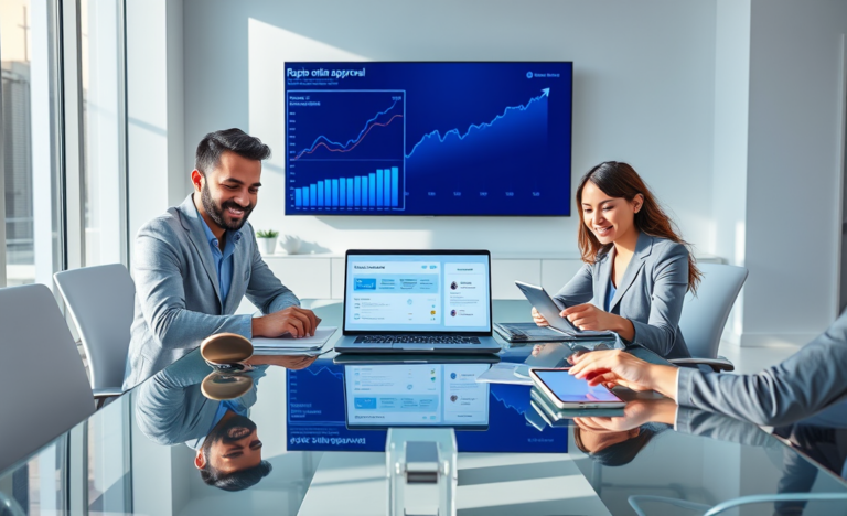 Professionnels collaborant dans un bureau moderne avec des appareils numériques illustrant les services d’approbation en ligne rapide pour paiements plus rapides