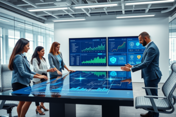 Professionnels en bureau moderne utilisant une plateforme d’automatisation des paiements pour accélérer les transactions financières.