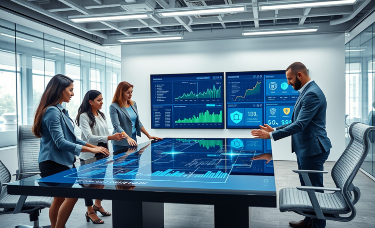 Professionnels en bureau moderne utilisant une plateforme d’automatisation des paiements pour accélérer les transactions financières.